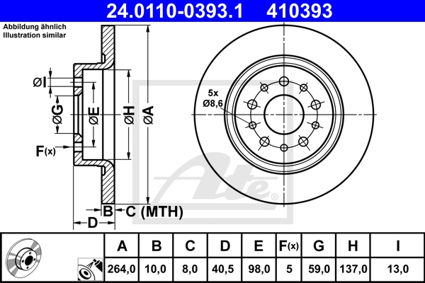 ATE Bremsensatz, Scheibenbremse sg00000d95 Hinterachse Voll 264mm 22mm für OPEL FIAT