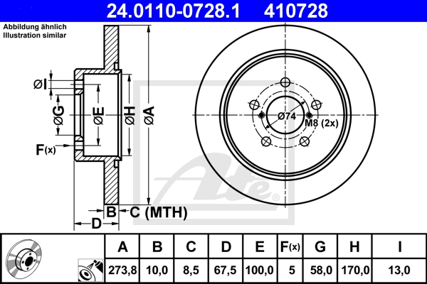 ATE Bremsensatz, Scheibenbremse sg00000d9x Hinterachse Voll 273mm 10mm für SUBARU