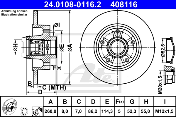 ATE Bremsensatz, Scheibenbremse sg00000ddr Vorderachse Voll 260mm 8mm für PEUGEOT CITROËN RENAULT