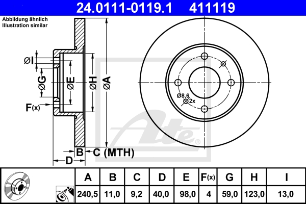 ATE Bremsensatz, Scheibenbremse sg00000div Hinterachse Voll 240mm 11mm für PEUGEOT CITROËN FORD FIAT
