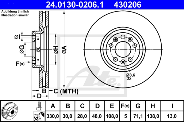 ATE Bremsensatz, Scheibenbremse sg00000djr Hinterachse Voll 330mm 30mm für CITROËN PEUGEOT