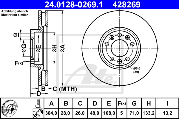 ATE Bremsensatz, Scheibenbremse sg00000dk0 Vorderachse Voll 304mm 12mm für PEUGEOT OPEL