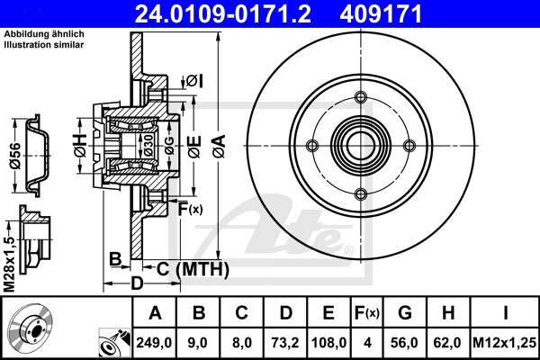 ATE Bremsensatz, Scheibenbremse sg00000dm0 Hinterachse Voll 249mm 9mm für PEUGEOT CITROËN VAUXHALL RENAULT