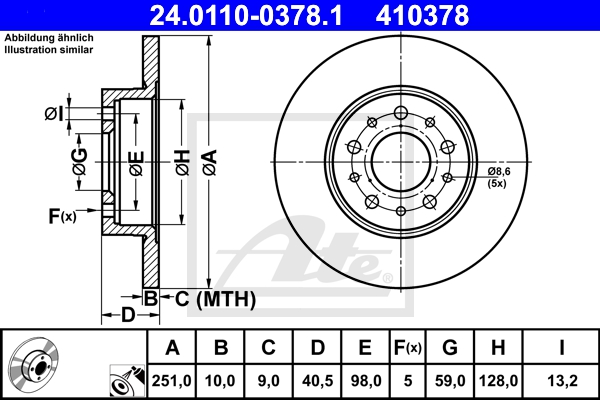 ATE Bremsensatz, Scheibenbremse sg00000dmk Hinterachse Voll 251mm 22mm für VAUXHALL FIAT