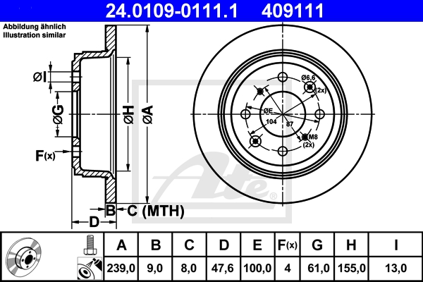 ATE Bremsensatz, Scheibenbremse sg00000dow Hinterachse Voll 239mm 21mm für HONDA