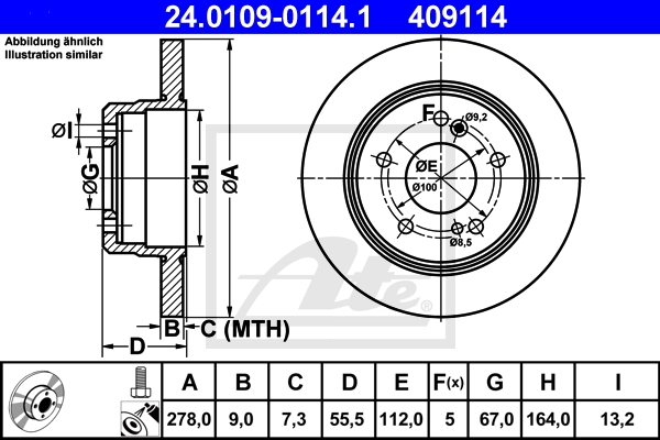 ATE Bremsensatz, Scheibenbremse sg00000dpk Vorderachse Voll 284mm 9mm für MERCEDES-BENZ CHRYSLER
