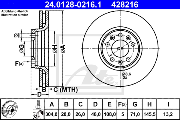 ATE Bremsensatz, Scheibenbremse sg00000dxv Hinterachse Voll 304mm 14mm für PEUGEOT CITROËN FIAT TOYOTA