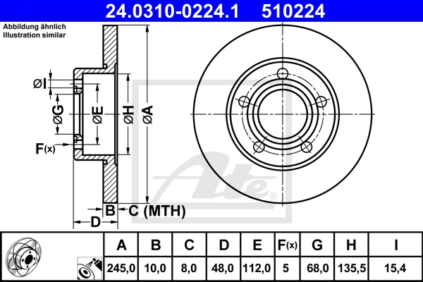 ATE Bremsensatz, Scheibenbremse sg00000e0r Vorderachse Voll 245mm 25mm für VAG SEAT