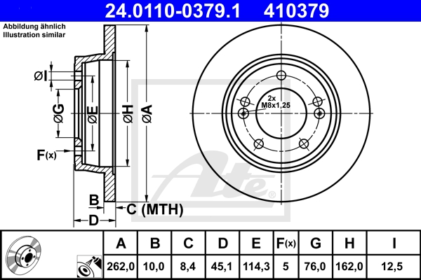 ATE Bremsensatz, Scheibenbremse sizw2n8768 Hinterachse Voll 262mm 10mm für KIA HYUNDAI SSANGYONG
