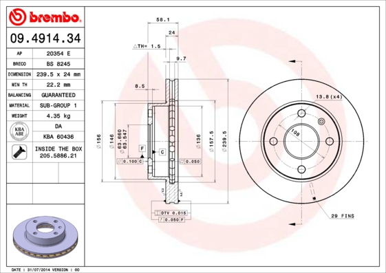 BREMBO Bremsensatz, Scheibenbremse ijf141i5x4 Vorderachse Innenbelüftet 240mm 24mm für FORD MAZDA