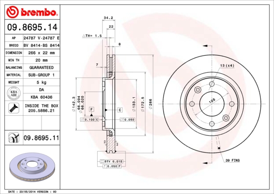 BREMBO Bremsensatz, Scheibenbremse ijg5y0ue19 Vorderachse Innenbelüftet 266mm 22mm für PEUGEOT CITROËN DS OPEL FENGSHEN CITROËN (DF-PSA)