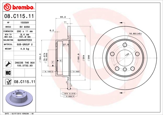 BREMBO Bremsensatz, Scheibenbremse ijg5y0us93 Hinterachse Voll 290mm 11mm für BMW