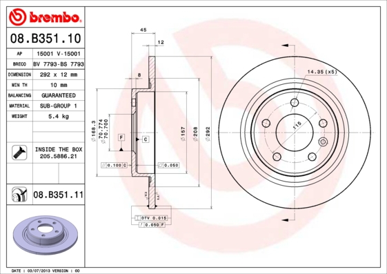 BREMBO Bremsensatz, Scheibenbremse ijzjsg5m14 Hinterachse Voll 292mm 12mm für OPEL VAUXHALL CHEVROLET