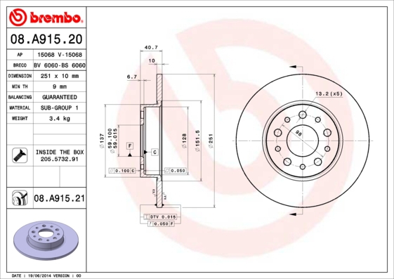 BREMBO Bremsensatz, Scheibenbremse ijzjsg5ty9 Hinterachse Voll 251mm 10mm für FIAT