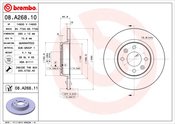 BREMBO Bremsensatz, Scheibenbremse ijzjsg6a63 Vorderachse Voll 260mm 12mm für DACIA RENAULT SMART