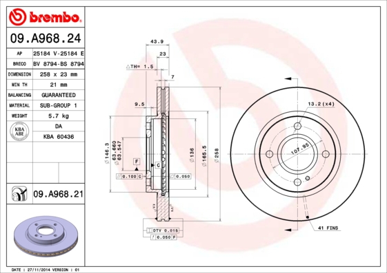 BREMBO Bremsensatz, Scheibenbremse ijzjsgfbj6 Vorderachse Innenbelüftet 258mm 23mm für FORD