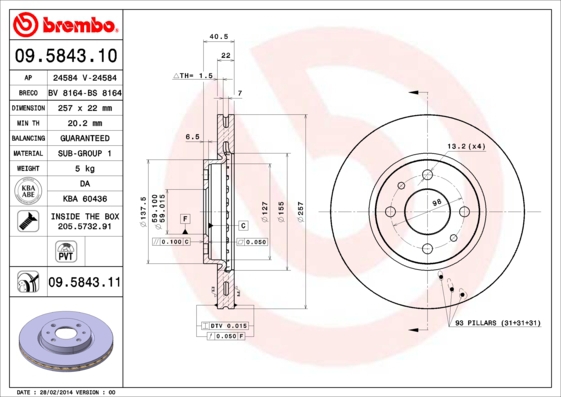 BREMBO Bremsensatz, Scheibenbremse ijzjsgffd4 Vorderachse Innenbelüftet 257mm 22mm für PEUGEOT CITROËN ALFA ROMEO FIAT