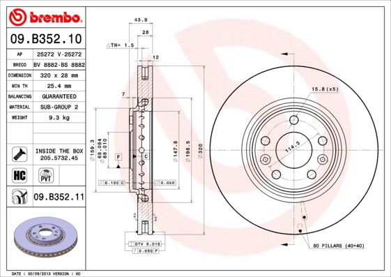BREMBO Bremsensatz, Scheibenbremse ijzjsgfhe7 Vorderachse Innenbelüftet 320mm 28mm für RENAULT