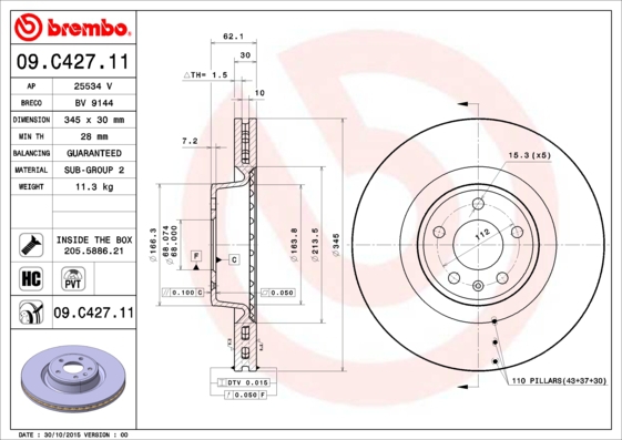 BREMBO ijzjsgg1v4 Vorderachse Innenbelüftet 345mm 30mm für SKODA SEAT VW VW (FAW) AUDI