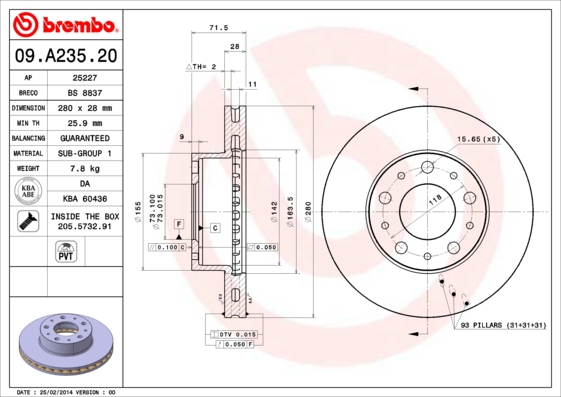 BREMBO ijzjsgg5s5 Vorderachse Innenbelüftet 280mm 28mm für PEUGEOT CITROËN FIAT