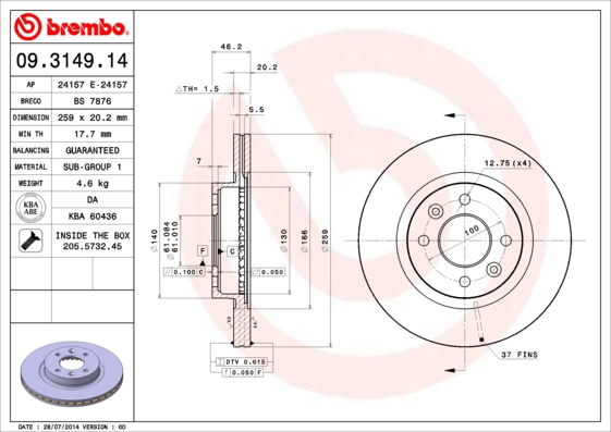 BREMBO Bremsensatz, Scheibenbremse ijzjsgg6z8 Vorderachse Innenbelüftet 259mm 20mm für CITROËN PEUGEOT RENAULT DACIA LIFAN ALPINE