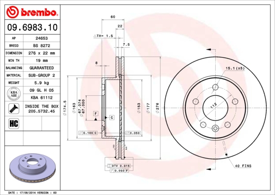 BREMBO Bremsensatz, Scheibenbremse ik3ebylmn3 Vorderachse Innenbelüftet 276mm 22mm für MERCEDES-BENZ SKODA