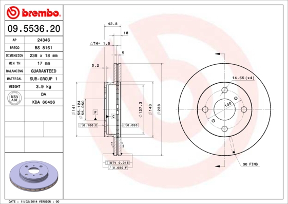 BREMBO sg000000r8 Vorderachse Innenbelüftet 238mm 18mm für TOYOTA