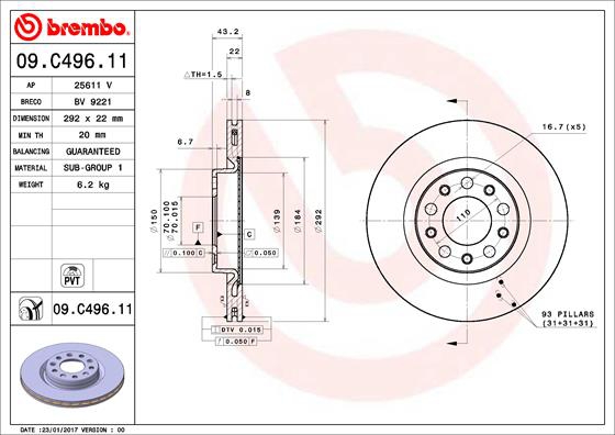 BREMBO Bremsensatz, Scheibenbremse sg000008gu Hinterachse Innenbelüftet 292mm 22mm für ALFA ROMEO MASERATI