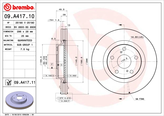 BREMBO Bremsensatz, Scheibenbremse sg000008l2 Vorderachse Innenbelüftet 296mm 28mm für TOYOTA TOYOTA (FAW)