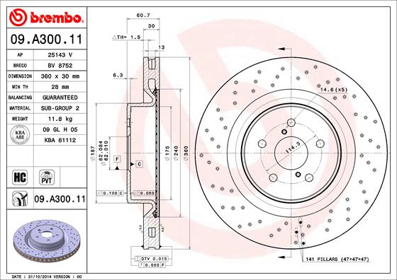BREMBO Bremsensatz, Scheibenbremse sg000009dg Vorderachse Gelocht/innenbel. 360mm 30mm für LEXUS