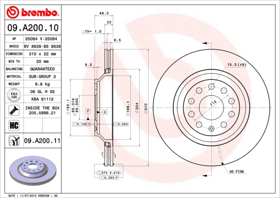 BREMBO Bremsensatz, Scheibenbremse sg00000b5v Hinterachse Innenbelüftet 310mm 22mm für SEAT VW VW (FAW)