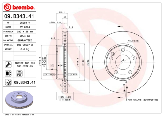 BREMBO sg00000cj3 Vorderachse Innenbelüftet 280mm 25mm für MERCEDES-BENZ INFINITI