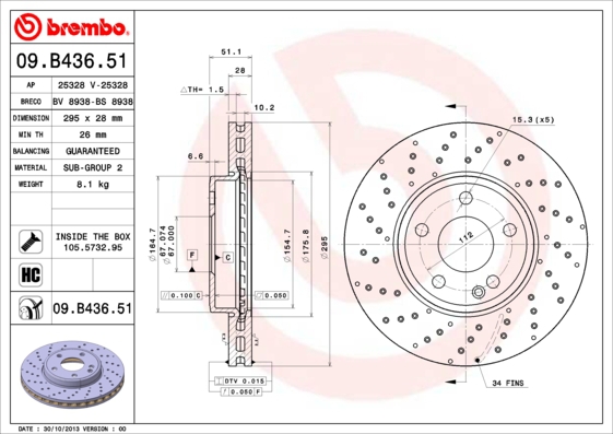 BREMBO sg00000cjn Vorderachse Gelocht/innenbel. 295mm 28mm für MERCEDES-BENZ INFINITI