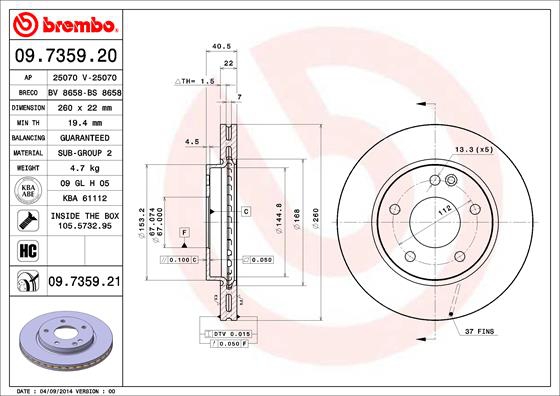 BREMBO Bremsensatz, Scheibenbremse sg00000cjz Vorderachse Innenbelüftet 260mm 22mm für MERCEDES-BENZ
