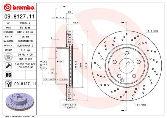 BREMBO Bremsensatz, Scheibenbremse sg00000ck3 Vorderachse Gelocht/innenbel. 312mm 28mm für MERCEDES-BENZ