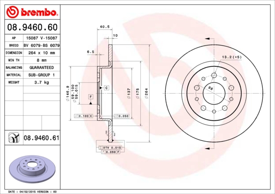 BREMBO Bremsensatz, Scheibenbremse sg00000clh Hinterachse Voll 264mm 10mm für FIAT