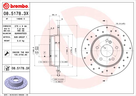 BREMBO Bremsensatz, Scheibenbremse sg00000clt Hinterachse Gelocht 278mm 9mm für MERCEDES-BENZ CHRYSLER