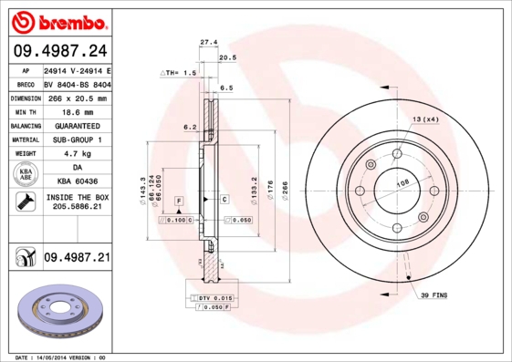 BREMBO sg00000efp Vorderachse Voll 266mm 9mm für CITROËN PEUGEOT
