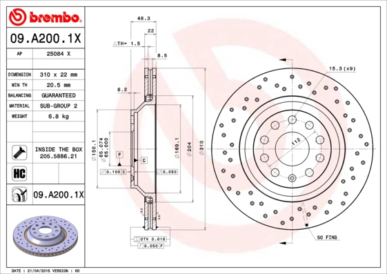 BREMBO sg00000eg0 Vorderachse Gelocht/innenbel. 288mm 22mm für VW (FAW) VW SKODA SEAT AUDI SKODA (SVW) AUDI (FAW) VW (SVW)