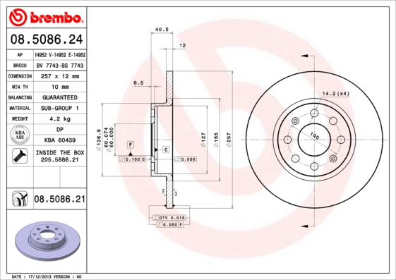 BREMBO Bremsensatz, Scheibenbremse sg00000eh2 Hinterachse Voll 264mm 10mm für OPEL FIAT ABARTH VAUXHALL CITROËN PEUGEOT