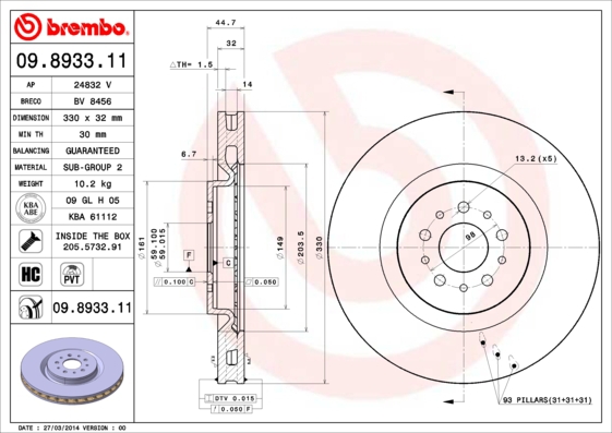 BREMBO Bremsensatz, Scheibenbremse sg00000ek4 Hinterachse Innenbelüftet 330mm 32mm für FIAT ALFA ROMEO LANCIA