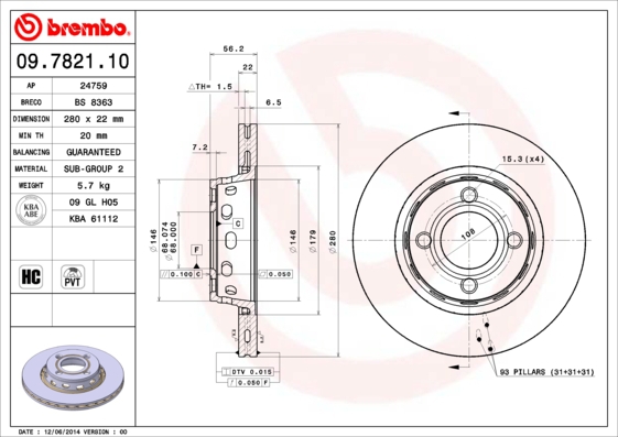 BREMBO Bremsensatz, Scheibenbremse sg00000el6 Hinterachse Voll 280mm 10mm für LANCIA FIAT ALFA ROMEO VW SEAT AUDI SKODA