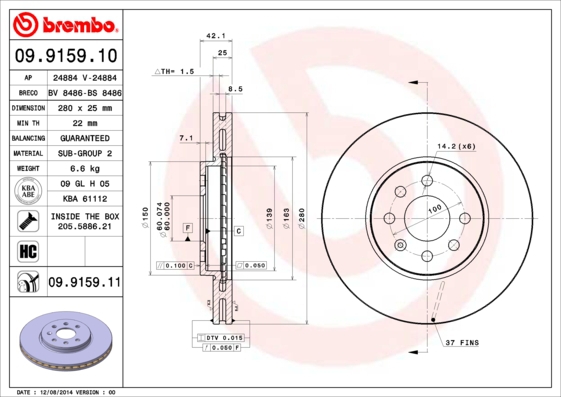 BREMBO Bremsensatz, Scheibenbremse sg00000emt Hinterachse Voll 280mm 25mm für OPEL VAUXHALL GENERAL MOTORS SATURN KIA AC