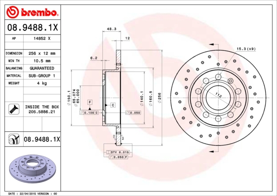 BREMBO Bremsensatz, Scheibenbremse sg00000en6 Hinterachse Gelocht 256mm 22mm für ROEWE (SAIC) SEAT VW AUDI SKODA AUDI (FAW) SKODA (SVW) VW (FAW) VW (S