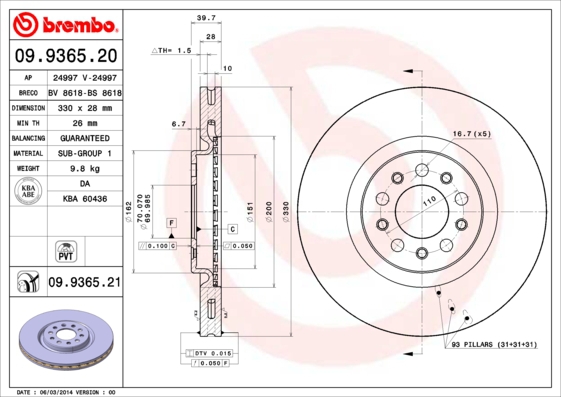 BREMBO Bremsensatz, Scheibenbremse sg00000ep9 Hinterachse Voll 330mm 12mm für ALFA ROMEO JEEP FIAT JEEP (GAC FCA)