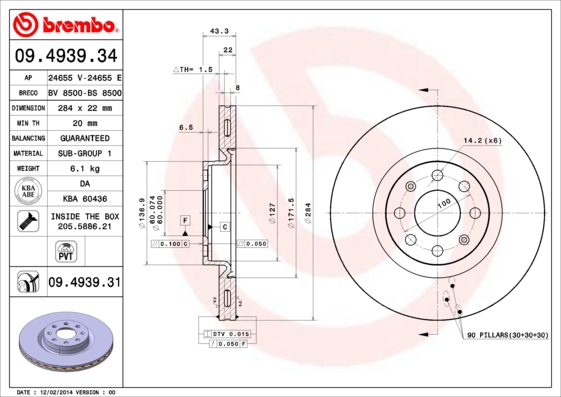 BREMBO Bremsensatz, Scheibenbremse sg00000eqw Hinterachse Voll 264mm 10mm für OPEL ABARTH FIAT VAUXHALL