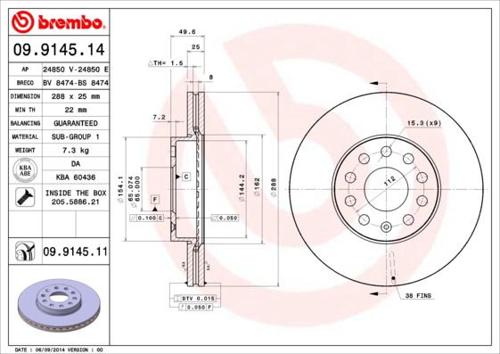 BREMBO Bremsensatz, Scheibenbremse sg00000eus Hinterachse Voll 288mm 10mm für CITROËN FORD ROEWE (SAIC) FIAT ZHONGHUA (BRILLIANCE) PEUGEOT DS VW SEAT