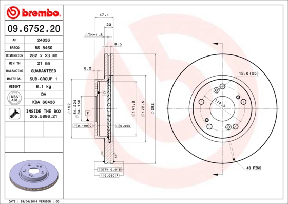 BREMBO sg00000ewq Hinterachse Voll 282mm 12mm für AEOLUS HONDA HONDA (GAC) ACURA HONDA (DONGFENG) ISUZU
