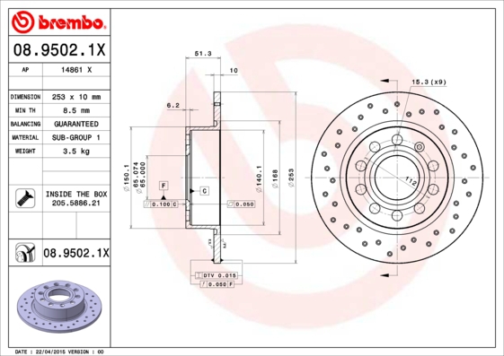 BREMBO Bremsensatz, Scheibenbremse sg00000f1b Hinterachse Gelocht 253mm 22mm für CITROËN FORD ROEWE (SAIC) FIAT ZHONGHUA (BRILLIANCE) PEUGEOT DS AUDI