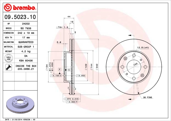 BREMBO Bremsensatz, Scheibenbremse sg00000f2n Hinterachse Innenbelüftet 242mm 19mm für OPEL VAUXHALL ISUZU HONDA NISSAN ROVER ACURA MAZDA MG SUZUKI
